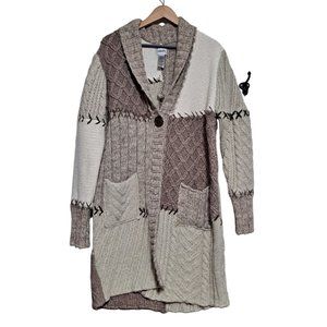 Chicos Duster Sweater Woman Size 2 Angora Wool Cashmere Blend Cable Knit Grandma